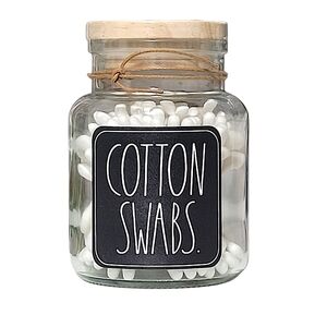 Rae Dunn 'COTTON SWABS' Clear Glass Black Label Jar 120 Count White Cotton Swabs
